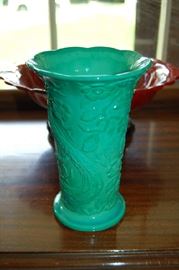 Mongolian Green Slag Early Fenton Figural Vase