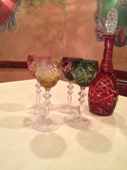  German Crystal Multi Colored Decanter with Glasses