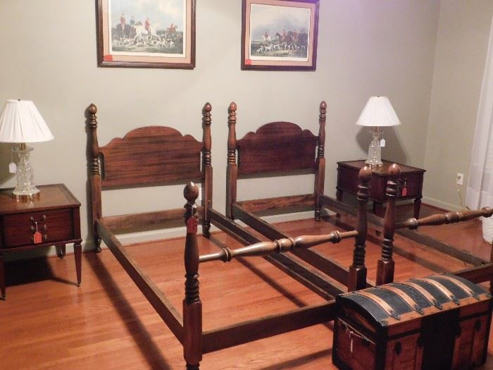 Pair of Mahogany Twin Beds and nightstands and trunk