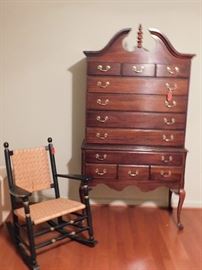 Beautiful 11 drawer Highboy, and rocker with hand- woven back and seat