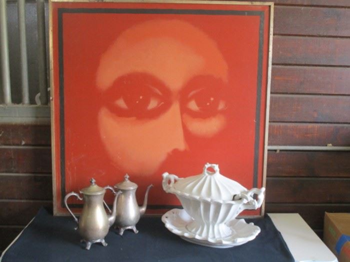 Original artwork with a vintage set of tea pots and gorgeous soup terrine