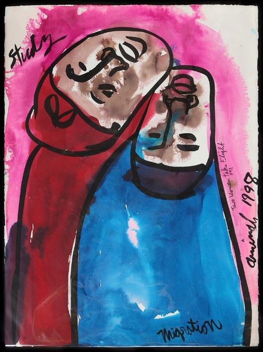 Animah Robinson (1940-2015) Watercolor, "Two Women Take Flight"