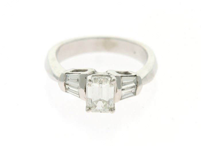 Platinum Ring with 1.00ct Emerald Cut Diamond and Surrounding Baguettes