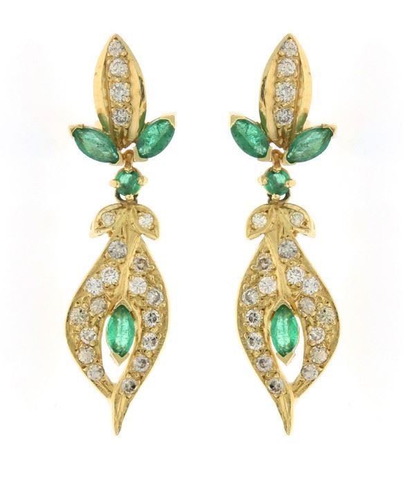 14k Yellow Gold Dangle Earrings with Diamonds and Emeralds