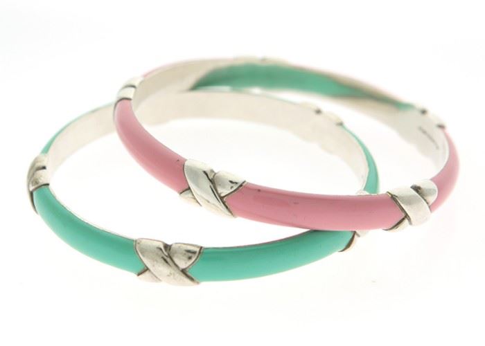 Tiffany & Co Sterling and Pink Enamel “X” Bangle Bracelet