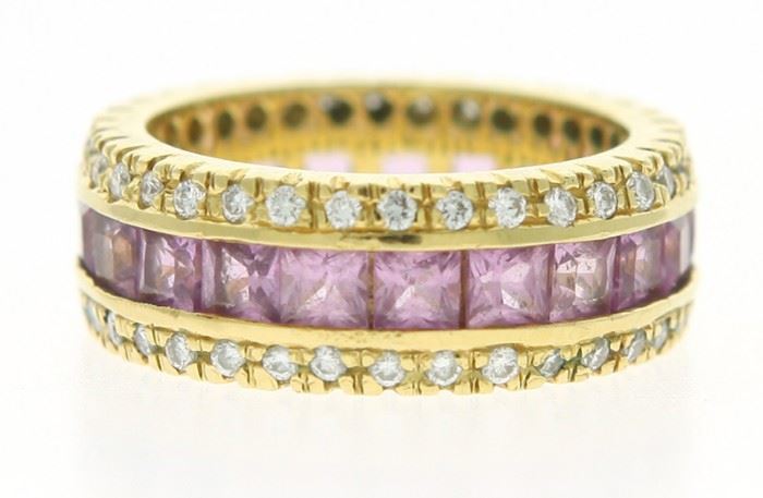 18k Yellow Gold Eternity Band with Channel Set Pink Sapphires and Diamonds