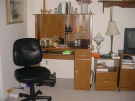 Office desk, printers, shredder, and supplies