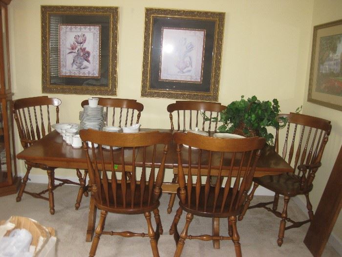 Large farm style trestle table, two leaves, and 6 chairs