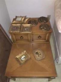 Vintage Fine Living Room Coffee Table and Matching End Tables with Classic Prints