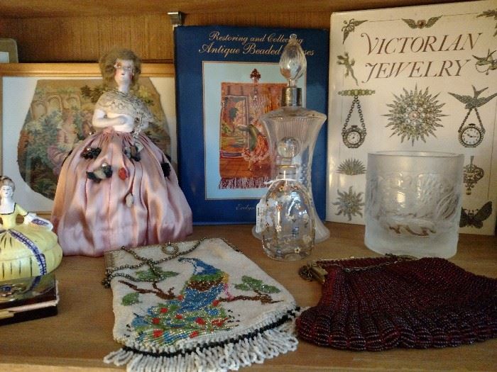 Rosenthal Bjorn Wiinblad design etched crystal vase, vintage beaded handbags, porcelain pin cushion doll and books on antiques