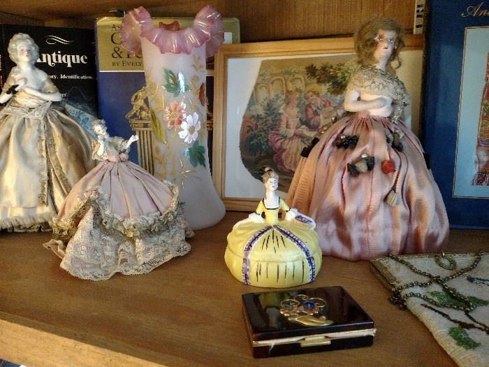 Pin cushion dolls, Victorian glass vase and a vintage compact