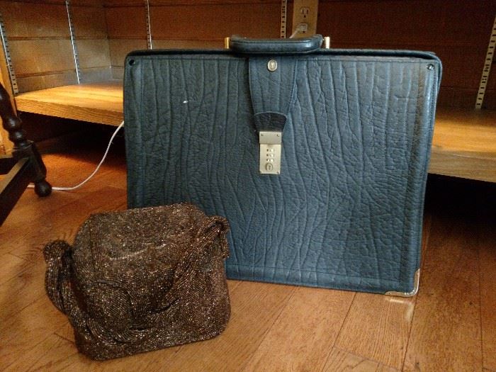 South African buffalo skin attache case and vintage beaded handbag