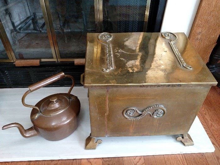 Antique brass coal bucket and copper tea kettle
