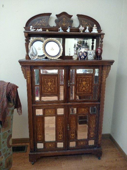 Antique English inlaid mahogany and mirror china cupboard