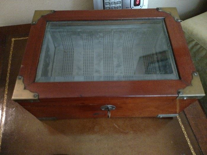 Antique glass top wooden box with tin insert
