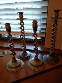 Two pairs of antique English brass barley twist candlesticks