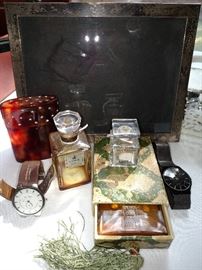 Van Cleef & Arpels, Arpege & Coty perfume bottles, two Skagen men's wristwatches and a sterling frame