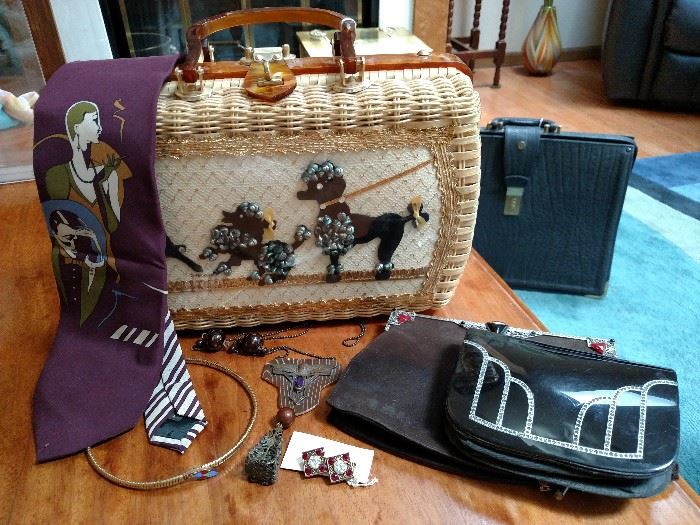 Vintage poodle purse, Art Deco handbags, necklace and cufflinks