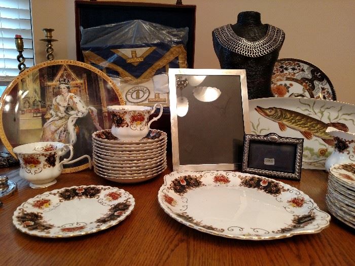 Sterling silver antique frames, vintage sterling collar necklace, Royal Albert china, fish plates and British Royalty plate
