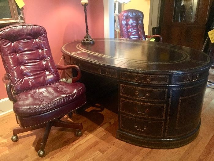 Partners desk by Maitland Smith is ENTIRELY COVERED IN GOLD EMBOSSED *LEATHER*!!!! I am telling you it’s COVERED in leather! So much luxury!!!!! Have two matching leather chairs available also!!