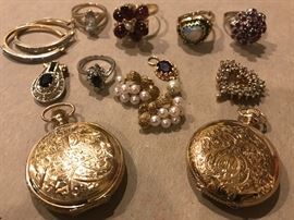 More 14k rings, earrings, pendants etc. with two 14k ladies Waltham pocket watches in perfect working order.