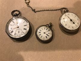 More pocket watches, sterling & coin silver.  Two of three are in working condition.