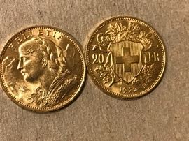 Pair 1922 uncirculated Swiss Helvetia 20 Franc Gold Coins, Mint State