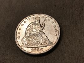 Very Scarce 1868 Seated Liberty Half Dollar, AU55-58 Condition, Key Date Coin.  Great candidate for grading.