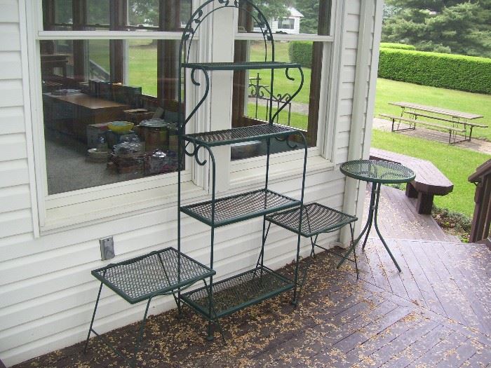 Plant stands and bakers rack.