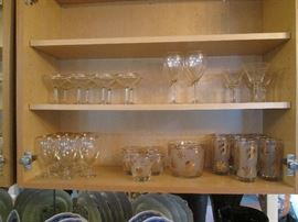 Stemware, Various Sizes, also Vintage Barware Ice Bucket, and High/Low-Ball Bar Glasses with Gold-Leaf Overlay