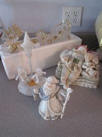 Holiday Figurines; some Lenox and Reindeer with Sleigh in acrylic/gold