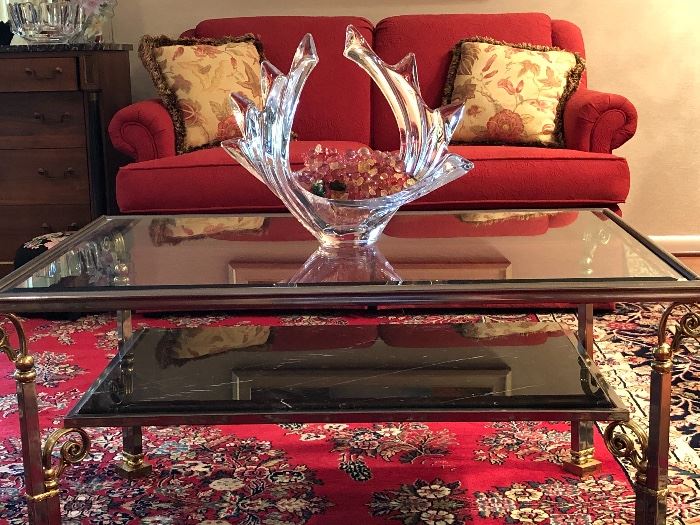 Handsome steel, brass, marble & glass coffee table $175