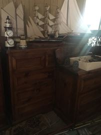 Wood bedroom suite, nautical items displayed on top of chest