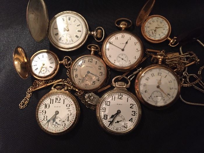 Men’s and ladies pocket watches. Sterling silver and gold filled. Elgin, Mignon, and Waltham. Working!