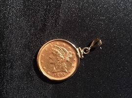 1893 Liberty Head $5 Half Eagle. Clean surface and strike. Set in 14kt bezel.  