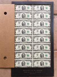  Sheet of uncut two dollar bills   