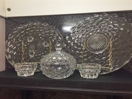 Large, lovely selection of Fostoria American. Clear and bright. 