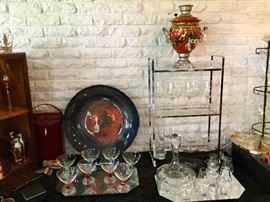 Crystal, art glass bowl, enameled Russian samovar with Russian directions for use. 