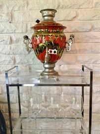 Enameled Russian samovar with Russian directions for use. 