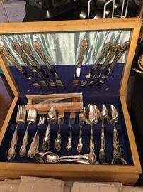 William Rogers silverplate flatware. Lady Densmore, 1955. In original box with original paperwork.  Service for eight with many extras.