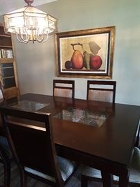 Dining Room Table with Crackled Glass Inlay and Chairs, Print of Fruit
