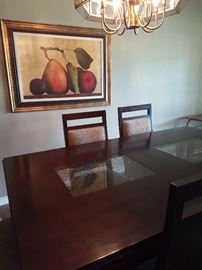 Dining Room Table with Crackled Glass Inlay and Chairs, Print of Fruit