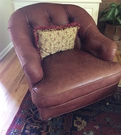 13. Pair of Century Leather Tufted Barrel Back Club Chairs (2'10'' x 2'6'' x 36'') & Ottoman (2'6'' x 2' x 14'')