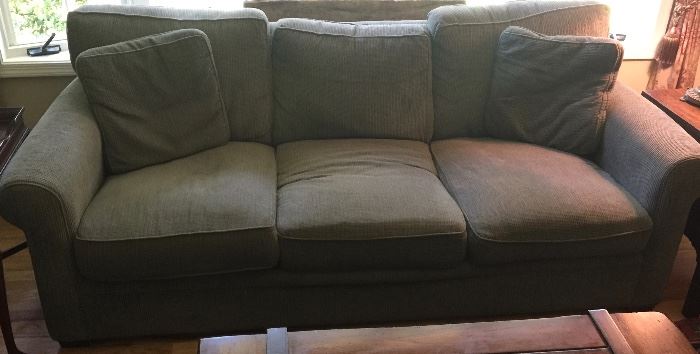 12. Green Chenille 3 Cushion Rolled Arm Sofa (7'6'' x 3'6'' x 36'')