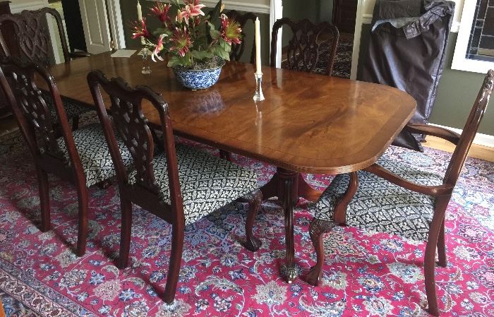 27. Double Pedestal Federal Mahogany Inlayed Dining Table w/ 2 (21'') Leaves and Custom Pads (86'' x 3'5'')                                                                                                    26. Ribbon Back Chippendale Beven Funnel Mahogany Dining Chairs (2 Arm, 6 Side)
