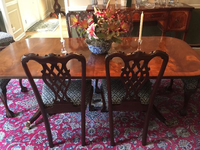 27. Double Pedestal Federal Mahogany Inlayed Dining Table w/ 2 (21'') Leaves and Custom Pads (86'' x 3'5'')                                                                                                   26. Ribbon Back Chippendale Beven Funnel Mahogany Dining Chairs (2 Arm, 6 Side)