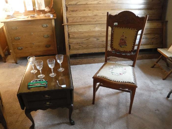 These 2 items were from the Brownstone sale and got lost in the shuffle did you regret not getting that older that needlepoint back and seated chair! Here is your chance. The end table is by Pennsylvania house and low priced!