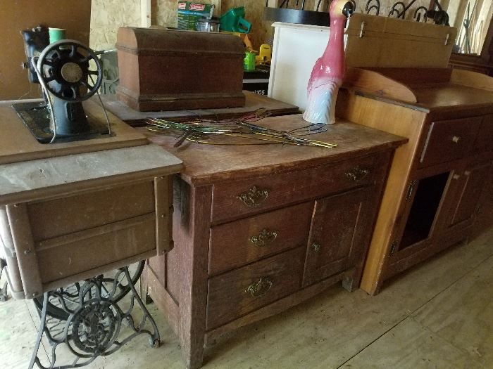 wash stands, vintage dry sink, antique sewing machines