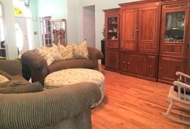 Another View of Sofa, Matching Love Seat, Large Round Ottoman, Large Entertainment Center, Rocker, More