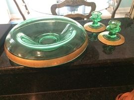 Depression Era/Deco Style Green Glass w/Gilt Trim